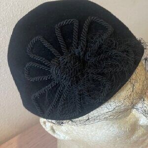 Frank Olive Private Collection Black Wool Hat w Looped Cord Flower Design 7 1/2"